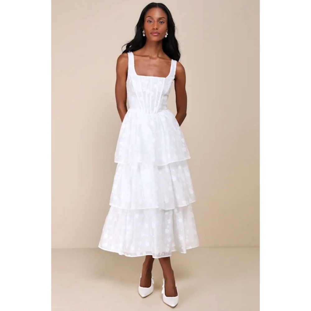 White Tiered Floral Burnout Square-Neck Midi Dress